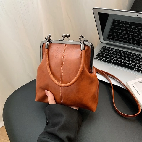 Vintage PU Leer Kiss-Lock Handtas Retro Metalen Frame Crossbody Tas Voor Vrouwen Met Handvat Contraststiksel Woon-Werkverkeer