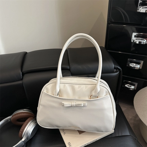 Vintage Women PU Leather Shoulder Bag Large Capacity Solid Color Underarm Handbag With Bowknot Decoration Chic Daily Bag