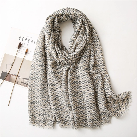 Women Long Scarf Shawl Geometric Wave Print Cotton Linen Feel Polyester Warm Soft Tassel Wrap