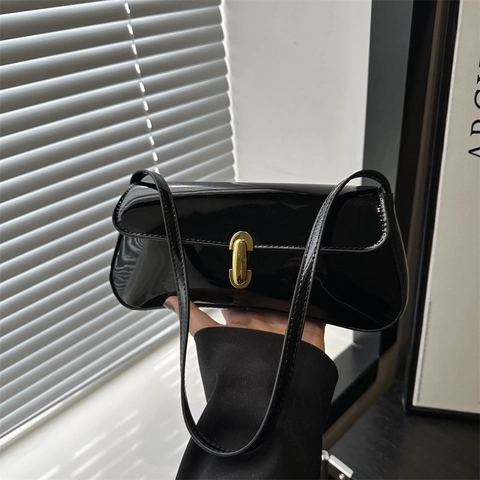 Baguette Underarm Bag For Women French Style Glossy Patent Leather Shoulder Handbag With Gold Metal Lock Rectangular Vintage