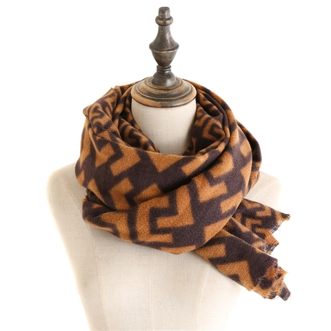 Women Geometric Maze Pattern Scarf Shawl Double Sided Faux Cashmere Polyester Winter Warm Vintage Long Wraps With Tassels