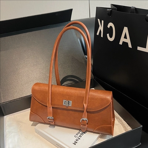 Bolso Baguette Vintage Mujeres Cuero Sintético Bolso De Axila Hombro Cerradura Plateada Retro Chic Color Sólido