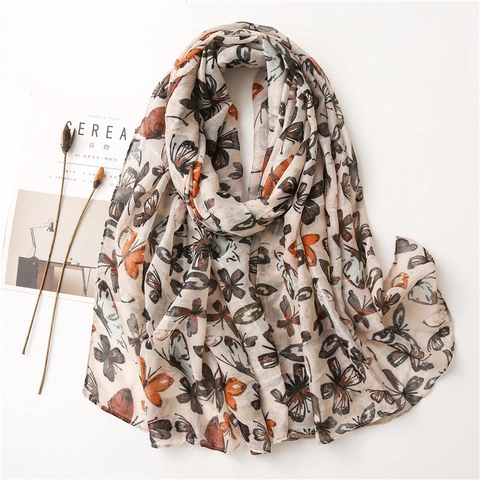 Vlinder Print Sjaal Vintage Lichtgewicht Polyester Katoen-Linnen Gevoel Elegant Veelzijdig Ademend Dunne Lange Sjaal Wrap
