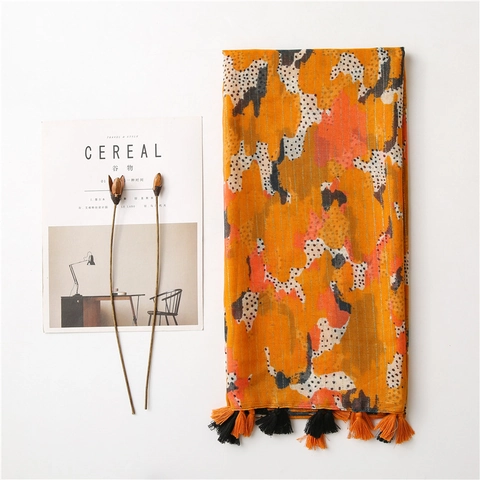 Women Long Scarf Shawl Polyester Gold Metallic Thread Abstract Print Tassel Fringe Fashion Wrap Lightweight