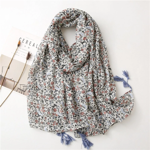 Écharpe Châle Floral Polyester Sensation Coton Lin Léger Franges Imprimé Fleuri Pour Femme Élégant Vintage