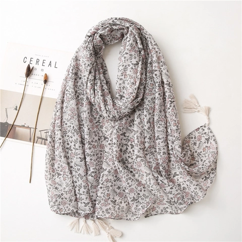 Écharpe Châle Floral Polyester Sensation Coton Lin Léger Franges Imprimé Fleuri Pour Femme Élégant Vintage