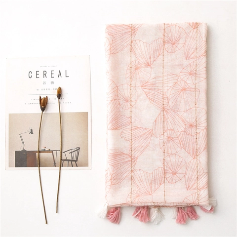 Women Long Scarf Shawl Polyester Cotton Linen Feel Metallic Gold Thread Gingko Leaf Print Tassels Elegant Versatile