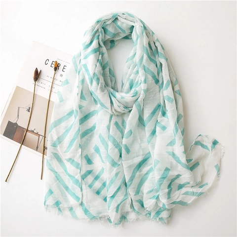 Women's Blue Geometric Striped Polyester Shawl Scarf Fresh Sun Protection Beach Sarong Wrap With Tassel Edge Accessory