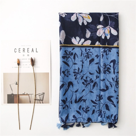 Dames Bloemen Kwastjes Sjaal Blauw Kleurblok Polyester Dunne Omslagdoek Lichtgewicht Katoen Linnen Gevoel Mode Sjaal