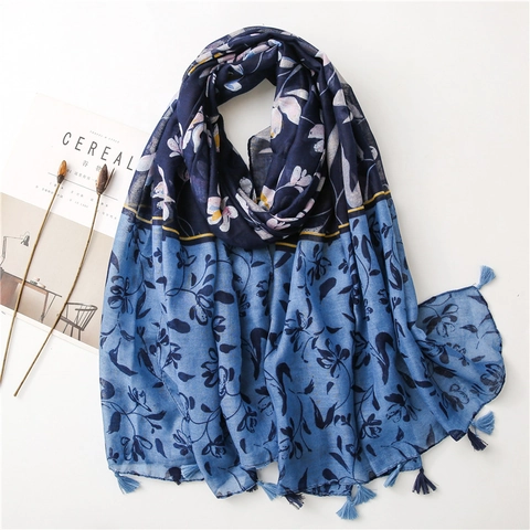 Dames Bloemen Kwastjes Sjaal Blauw Kleurblok Polyester Dunne Omslagdoek Lichtgewicht Katoen Linnen Gevoel Mode Sjaal