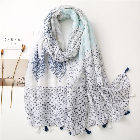 Bohemian Paisley Floral Scarf Shawl Cotton Linen Feel Polyester Lightweight Sunscreen Beach Tassel For Women