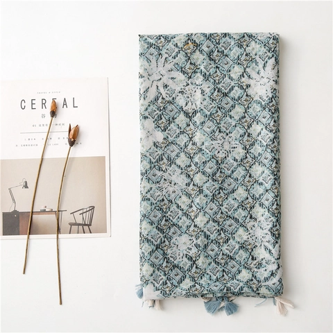 Geometric Print Scarf Shawl Polyester Cotton Linen Feel Ethnic Rhombus Pattern Tassel Fringe Lightweight Sunscreen For Women