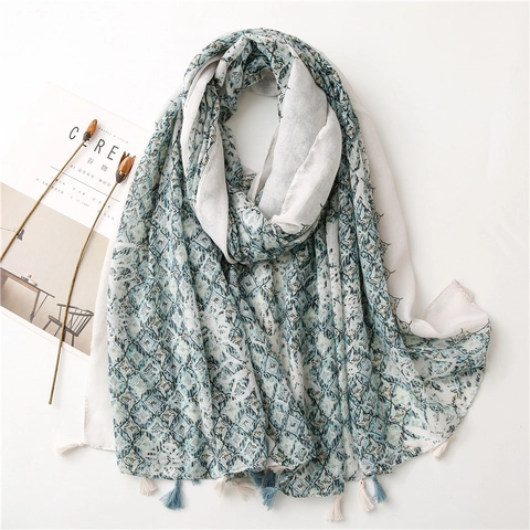 Geometric Print Scarf Shawl Polyester Cotton Linen Feel Ethnic Rhombus Pattern Tassel Fringe Lightweight Sunscreen For Women