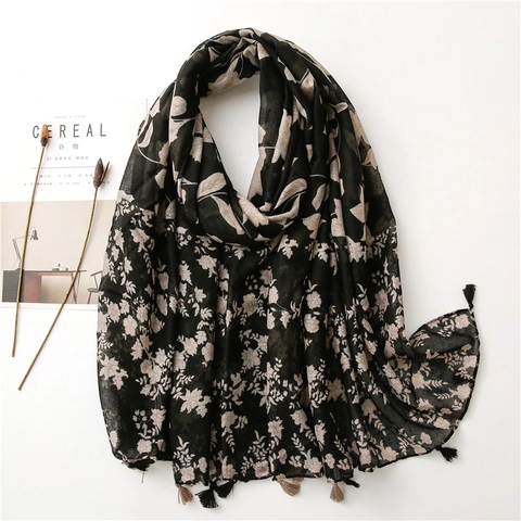 Chal Bufanda Elegante Con Estampado Floral Para Mujer Voile De Poliéster Ligero Con Borlas Estilo Vintage Protección Solar