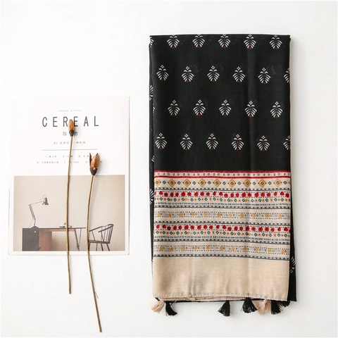Women Ethnic Print Scarf Shawl Bohemian Tassel Large Beach Sun Protection Travel Artistic Wrap Polyester Fabric