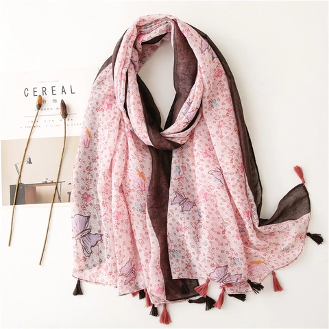 Butterfly Floral Print Scarf Shawl For Women Lightweight Polyester Voile With Tassels Soft Sun Protection Long Wrap