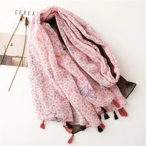 Butterfly Floral Print Scarf Shawl For Women Lightweight Polyester Voile With Tassels Soft Sun Protection Long Wrap