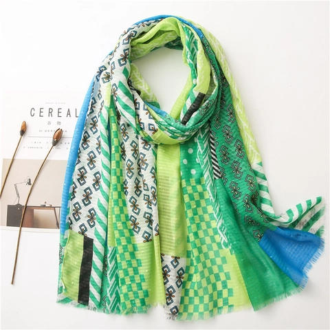 Langer Schal Leichte Polyester Baumwolle Haptik Geometrisches Patchwork Punktmuster Plaid Böhmischer Vintage Für Damen