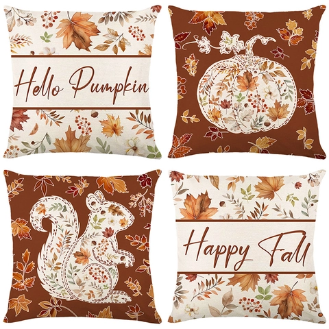 Autumn Fall Pillow Covers Thanksgiving Pumpkin Maple Leaf Squirrel Polyester Linen Texture Sofa Cushion Cases Decor