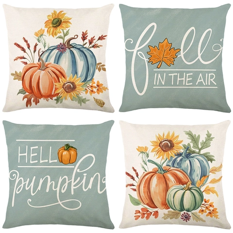Funda de Cojín de Otoño con Calabaza y Girasol de Poliéster Decorativa para Sofá Fall In The Air Hello Pumpkin