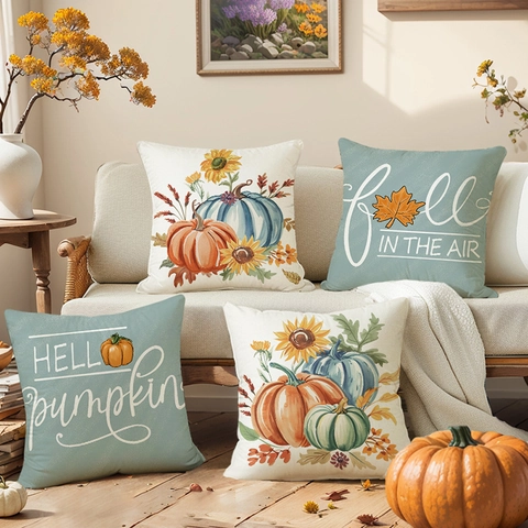 Funda de Cojín de Otoño con Calabaza y Girasol de Poliéster Decorativa para Sofá Fall In The Air Hello Pumpkin