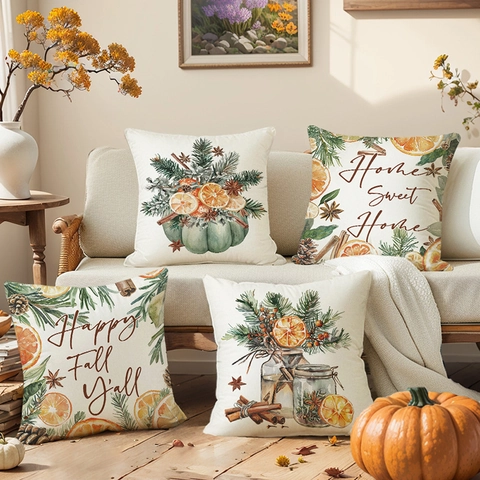 Fodera per Cuscino in Poliestere Raccolto Autunnale Zucca Arancia Cannella Motivo Home Sweet Home Ringraziamento Federa Decorativa
