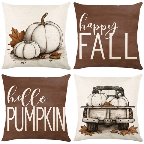Herbst Ernte Kürbis Deko Kissenbezug Polyester Quadratisch Kissenhülle Happy Fall Hello Pumpkin Retro Truck Herbst Home Deko