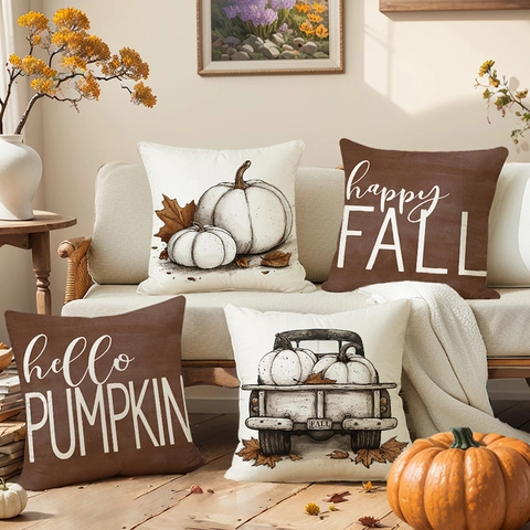 Herbst Ernte Kürbis Deko Kissenbezug Polyester Quadratisch Kissenhülle Happy Fall Hello Pumpkin Retro Truck Herbst Home Deko