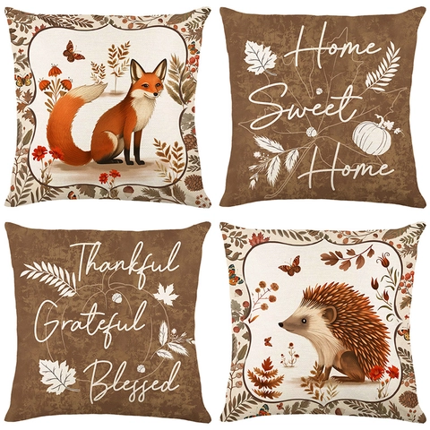 Herbst Thanksgiving Kissenbezug Waldtiere Fuchs Igel Dekorative Kissenhülle Herbst Home Decor Leinen Optik Polyester
