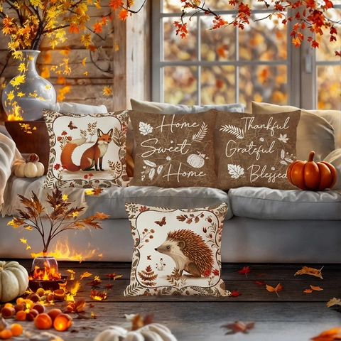 Herbst Thanksgiving Kissenbezug Waldtiere Fuchs Igel Dekorative Kissenhülle Herbst Home Decor Leinen Optik Polyester