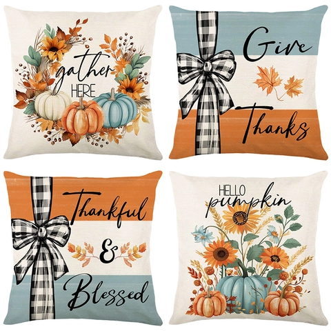 Herbst Thanksgiving Kissenbezüge Kürbis Sonnenblume Ahornblatt Druck Kissenhülle Polyester Leinen Textur Landhaus Deko