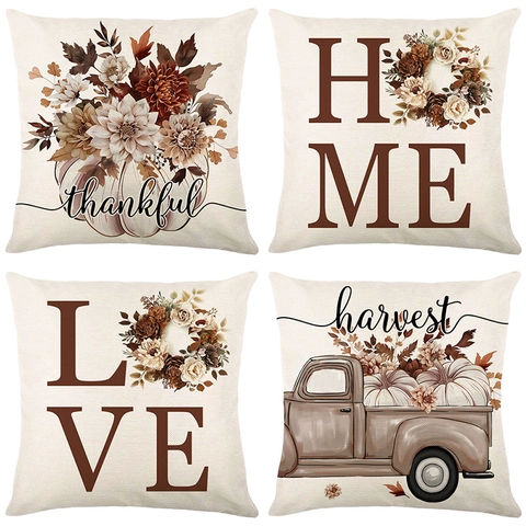 Autumn Thanksgiving Pumpkin Flower Vintage Truck Cushion Covers Polyester Linen Decorative Pillowcase For Sofa Home Decor
