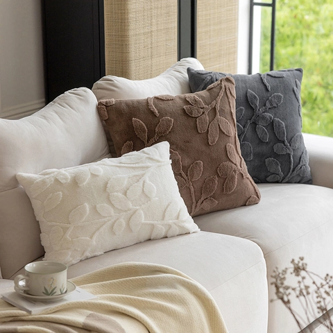Bestickter Blatt Jacquard Plüsch Kissenbezug Kunstfell Weich Dekorativer Kissenhülle Für Sofa Wohnzimmer Modernes Dekor