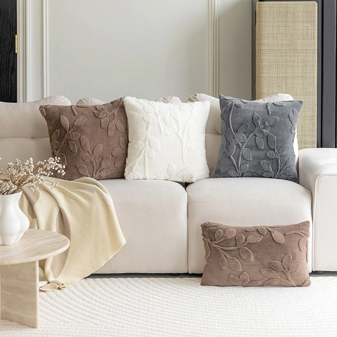 Bestickter Blatt Jacquard Plüsch Kissenbezug Kunstfell Weich Dekorativer Kissenhülle Für Sofa Wohnzimmer Modernes Dekor