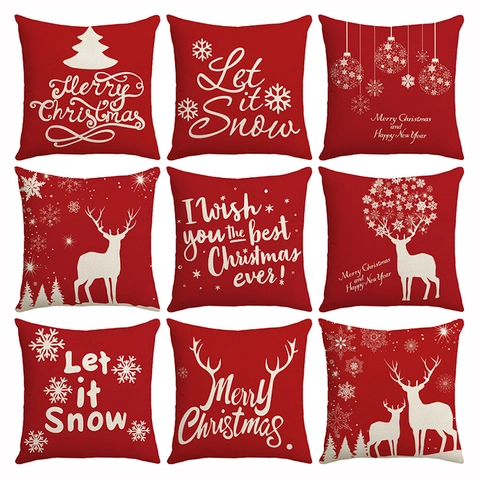Housse De Coussin De Noël Taie D'Oreiller Polyester Lin Rouge Blanc Flocon De Neige Renne Décoration De Canapé