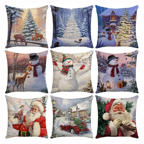 Christmas Pillowcase Polyester Vintage Santa Claus Snowman Reindeer Printed Square Cushion Cover For Sofa Holiday Home Decor