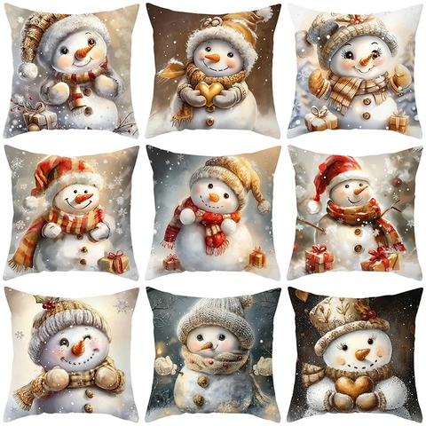Kerst Sneeuwpop Kussensloop Polyester Vierkante Kussenhoes Sofa Woonkamer Winter Vakantie Decoratie