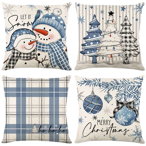 Kerst Decoratieve Kussensloop Blauw Wit Geruit Sneeuwpop Boom Polyester Kussenhoes Voor Sofa Bank Winter Home Decor