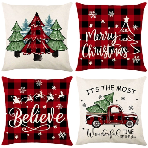 Weihnacht Kissenbezug Rot Schwarz Karo Druck Leinen Textur Feiertag Sofa Deko Rentier Baum Design