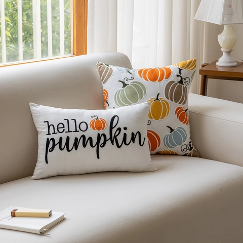 Fodera per Cuscino Ricamata con Zucca Autunnale in Misto Cotone Decorativa per Divano Soggiorno Casa Ringraziamento Halloween