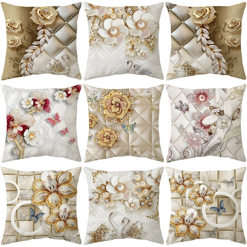 Funda de Cojín Decorativa de Flor Dorada 3D Lujo Cisne Mariposa Cuadrada Para Sofá Sala de Estar Decoración del Hogar