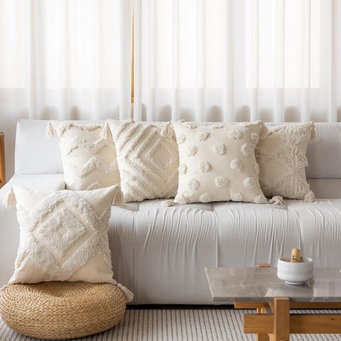 Tuft Kissenbezug Kissenhülle Mit Quasten Boho Geometrisches Dekor Für Sofa Couch Home Schlafzimmer Polyester Baumwolle Creme
