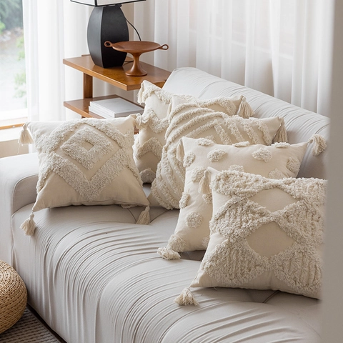 Tuft Kissenbezug Kissenhülle Mit Quasten Boho Geometrisches Dekor Für Sofa Couch Home Schlafzimmer Polyester Baumwolle Creme