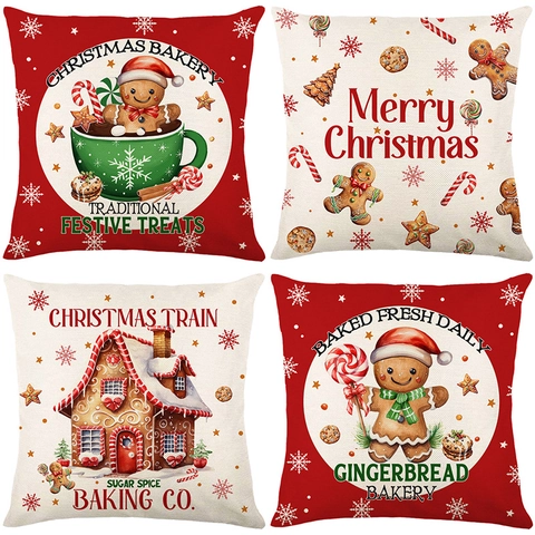 Weihnachten Lebkuchenmann Kissenbezug Polyester Dekorative Kissenhülle Für Sofa Wohnzimmer Xmas Home Dekor 45x45cm