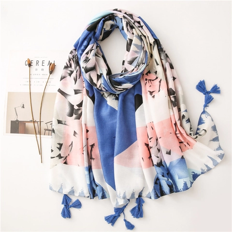 Retro Schal Mit Abstraktem Blumenmuster Leichter Sonnenschutz-Schal Mit Quasten Für Damen Polyester-Mischgewebe Langer Schal