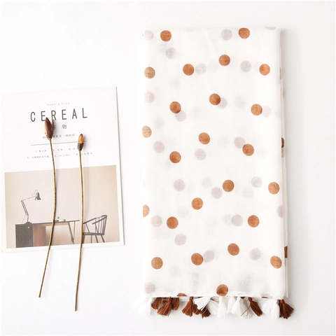 Polka Dot Print Schal Damen Leichter Quastenbesatz Sonnenschutz Strandtuch Atmungsaktive Polyester Voile Weicher Modeschal