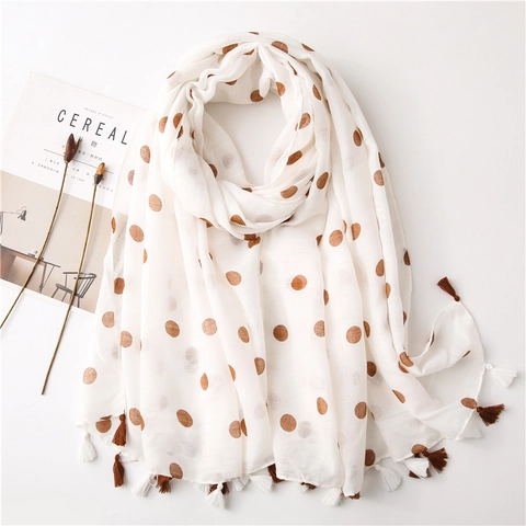 Polka Dot Print Schal Damen Leichter Quastenbesatz Sonnenschutz Strandtuch Atmungsaktive Polyester Voile Weicher Modeschal