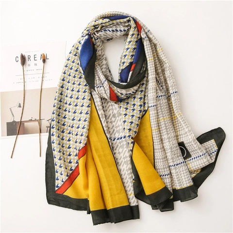 Sjaal Met Houndstooth Patchwork Voor Dames Polyester Katoen Linnen Gevoel Lang Groot Zonbescherming Reizen Mode Vrouwen