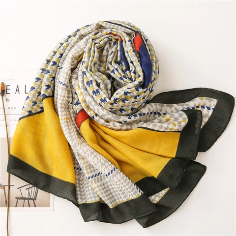 Sjaal Met Houndstooth Patchwork Voor Dames Polyester Katoen Linnen Gevoel Lang Groot Zonbescherming Reizen Mode Vrouwen