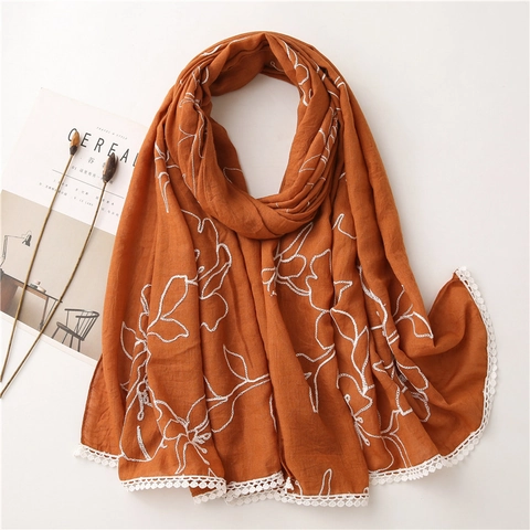 Women Cotton Linen Feel Scarf Floral Embroidery Lace Trim Lightweight Breathable Shawl Wrap Solid Color Vintage Style